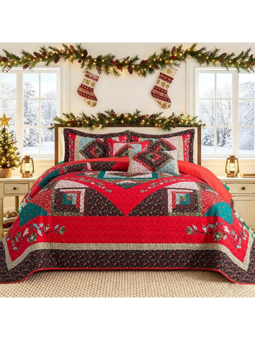 Christmas California King Size Quilt Set - Cotton Bedspreads